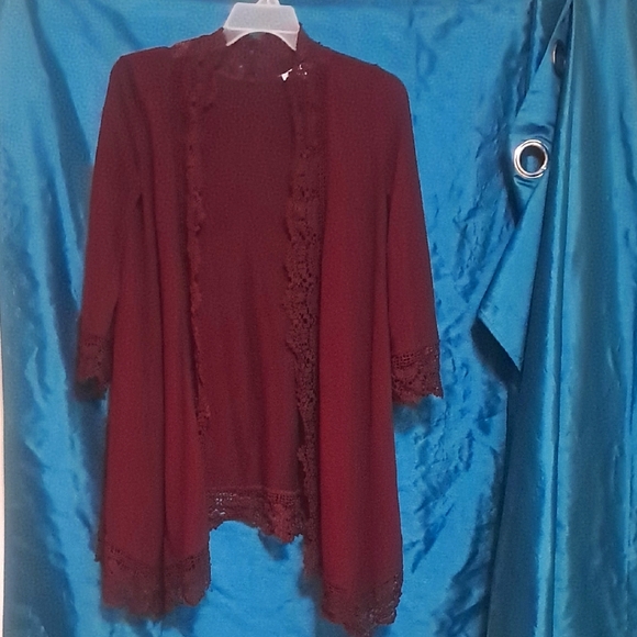 She and Sky Red Cardigan Sweater Open Front Knit - Picture 1 of 2